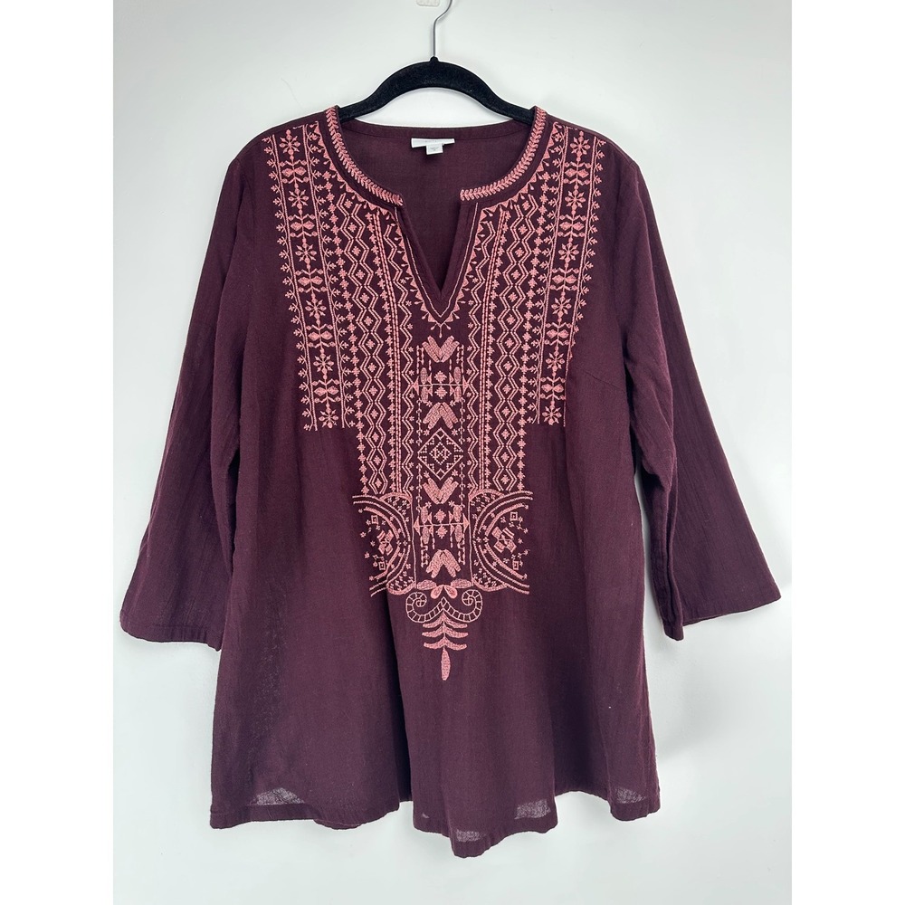 Pure Jill J. Jill Burgundy Embroidered Cotton Tunic Top Plum Boho Womens Medium